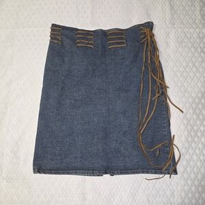 Trendy Denim Mini Skirt - Blue and Brown, Leather Laces On Waist, Womens Large